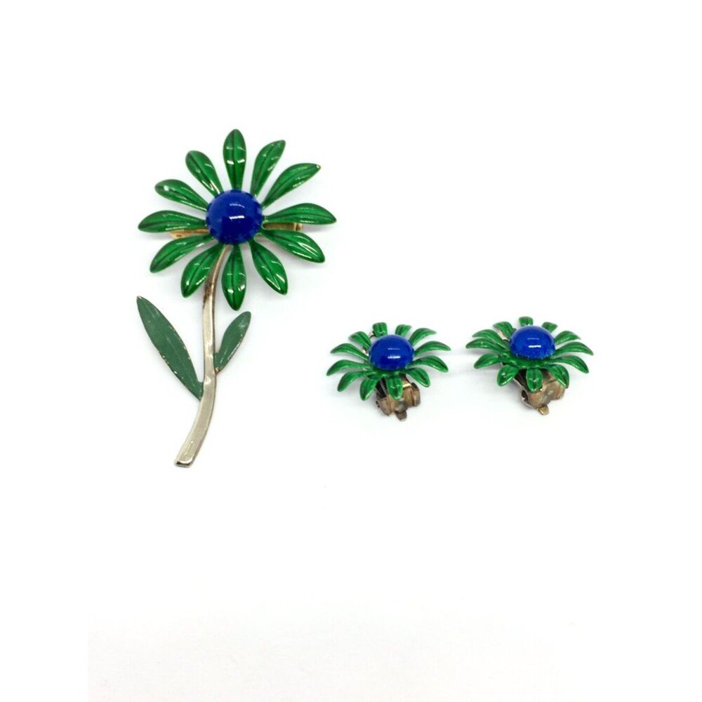 VINTAGE FLOWER Brooch Earring Set Enamel Blue Green Mod Daisy 1960s